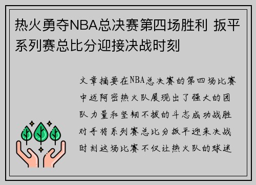 热火勇夺NBA总决赛第四场胜利 扳平系列赛总比分迎接决战时刻