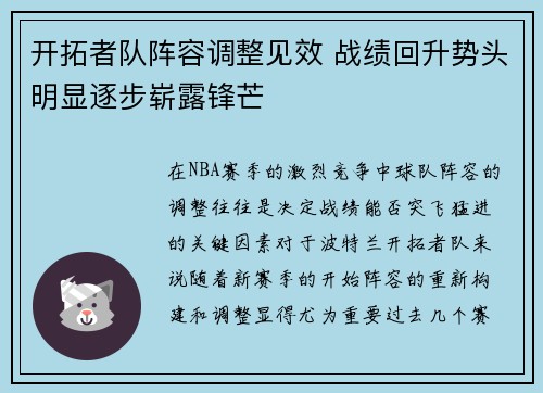 开拓者队阵容调整见效 战绩回升势头明显逐步崭露锋芒