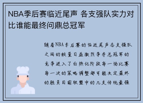 NBA季后赛临近尾声 各支强队实力对比谁能最终问鼎总冠军