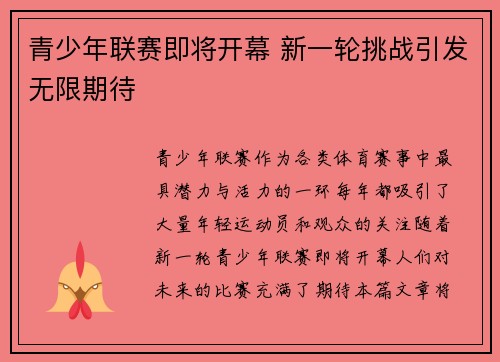 青少年联赛即将开幕 新一轮挑战引发无限期待