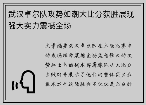 武汉卓尔队攻势如潮大比分获胜展现强大实力震撼全场