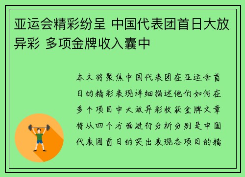 亚运会精彩纷呈 中国代表团首日大放异彩 多项金牌收入囊中