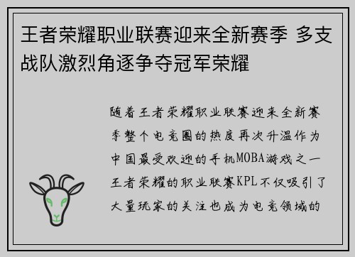 王者荣耀职业联赛迎来全新赛季 多支战队激烈角逐争夺冠军荣耀