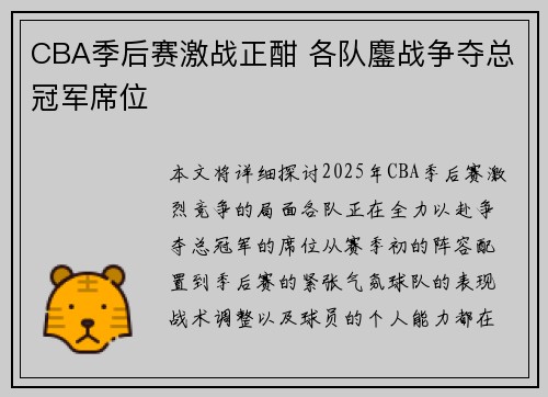 CBA季后赛激战正酣 各队鏖战争夺总冠军席位