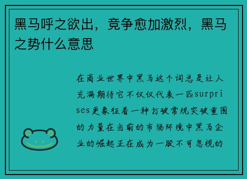 黑马呼之欲出，竞争愈加激烈，黑马之势什么意思