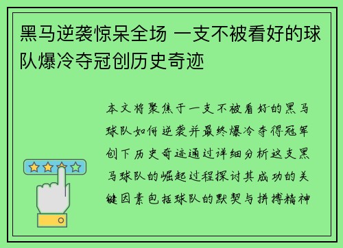 黑马逆袭惊呆全场 一支不被看好的球队爆冷夺冠创历史奇迹